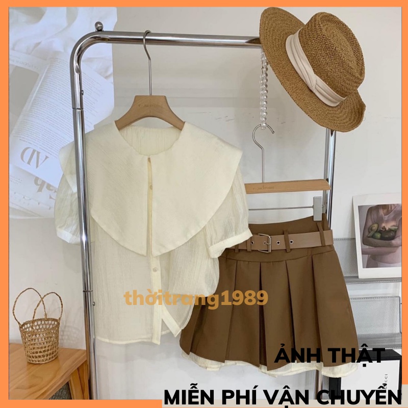 Set Váy + Áo Sơ Mi 💖 Chân Váy Xếp Ly Có Đai Rời Kèm Áo Sơ Mi Cổ Nhọn Siêu Xinh THỜITRAMH1989