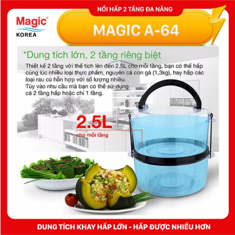 Máy Hấp Thực Phẩm Magic Korea A64 | Dung Tích Chứa 5L | Thiết Kế 2 Tầng Riêng Biệt | Công Suất 500W | Vừa Con Gà 1.2kg