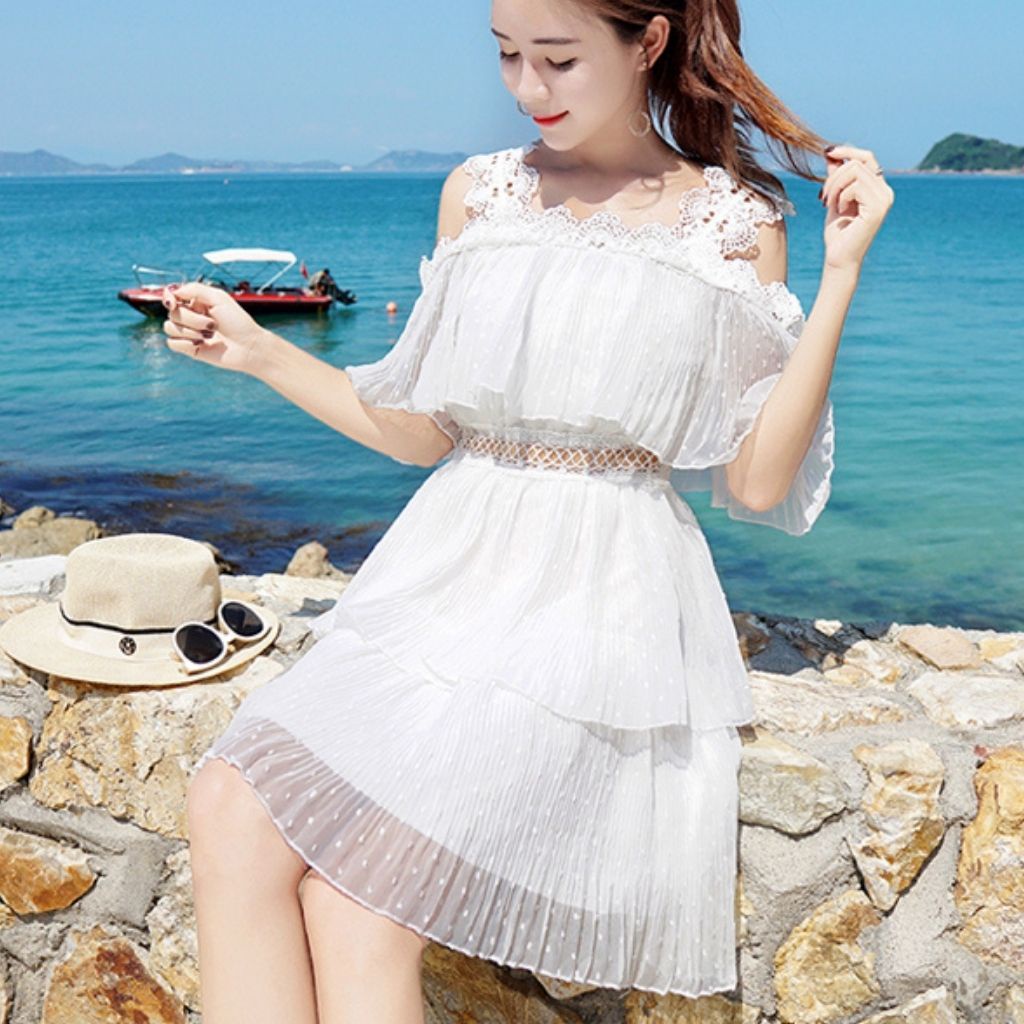 Váy Trắng , Đầm Dự Tiệc Dáng Xòe Ngắn Trễ Vai 2 Dây Bản To , Vải Voan cao cấp Phong Cách Tiểu Thư | BigBuy360 - bigbuy360.vn