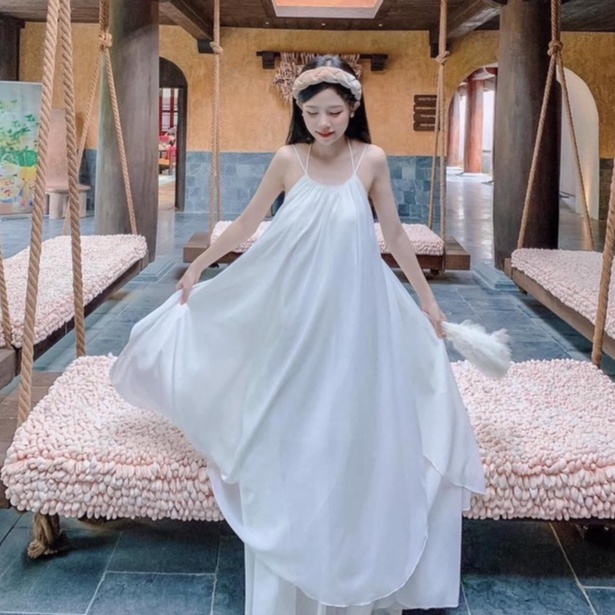 Đầm maxi đi biển hết nước chấm mẫu yếm 2 tầng siêu xinh - B007