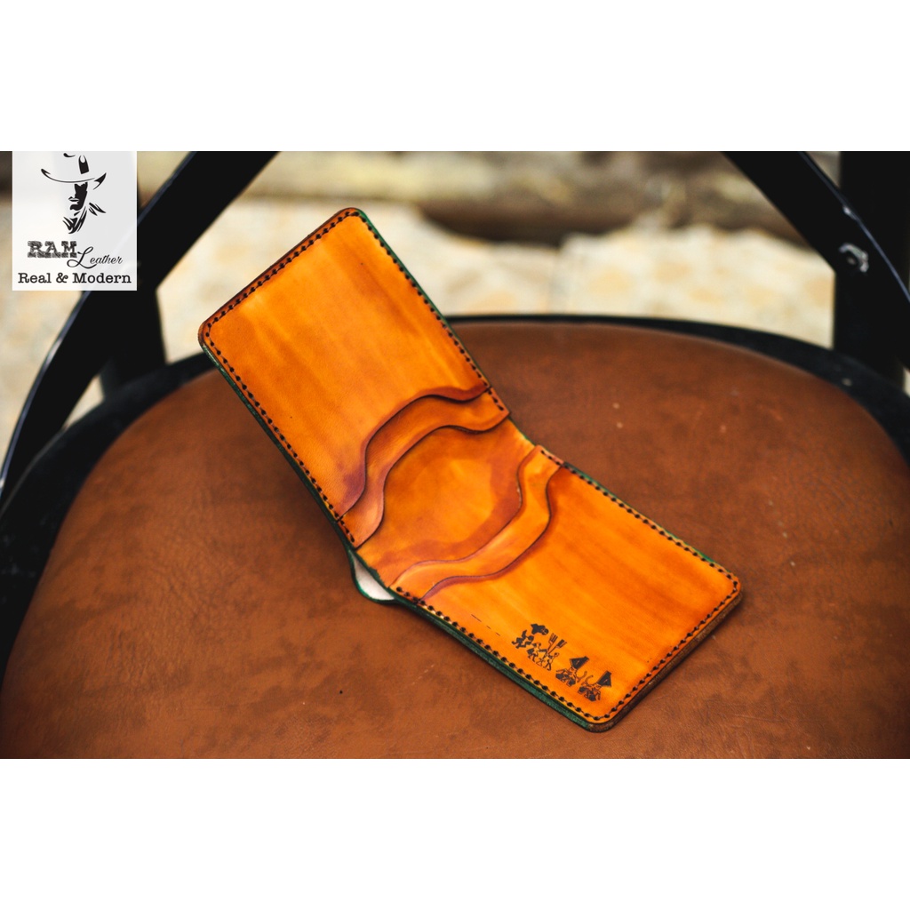 Ví nam nữ RAM Leather trống đồng Việt Nam xanh ngọc (trống vàng) da bò Italia Vegtan handmade cao cấp dáng ngang