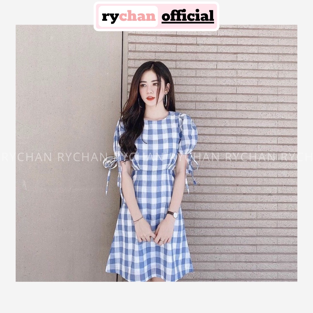 Đầm Xòe Caro Xanh Tay Phồng  - DX765