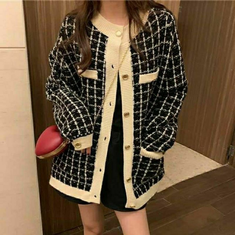 Hàng Sẵn_ Áo dạ tweed áo khoác len kẻ sọc phong cách Hàn