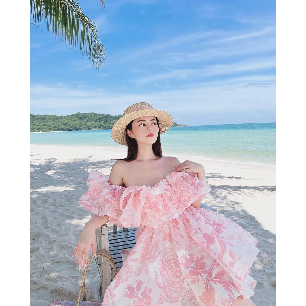 Váy tơ trễ vai xanh + hồng