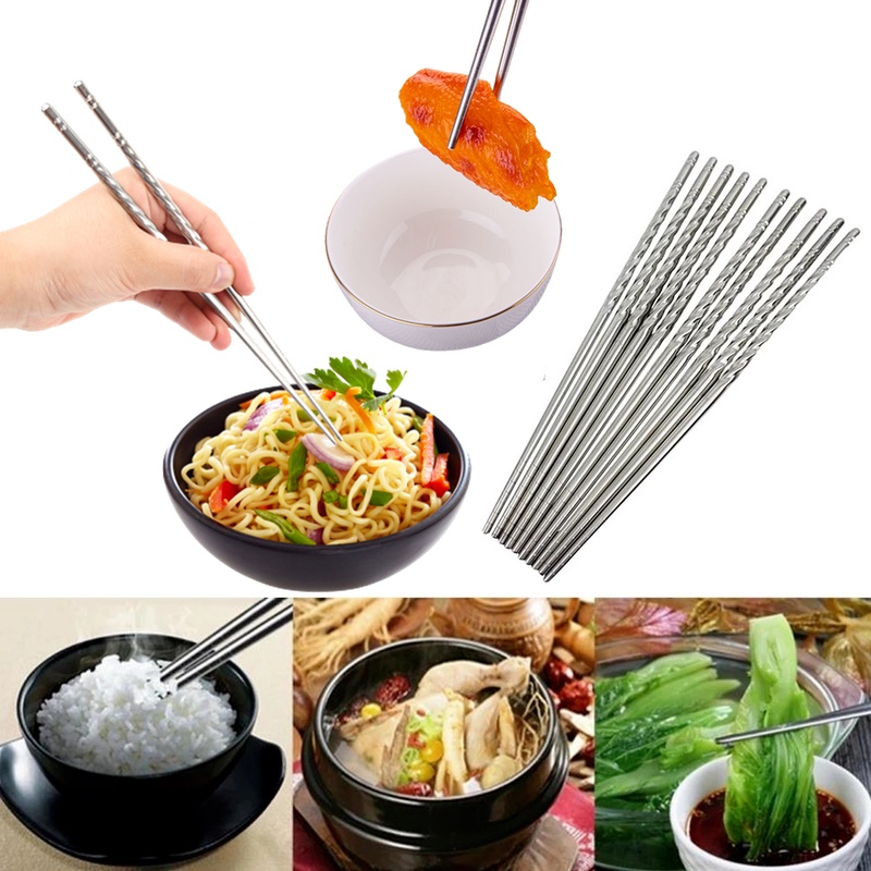 Set 5 Đôi Đũa Chống Trượt Bằng Thép Không Gỉ