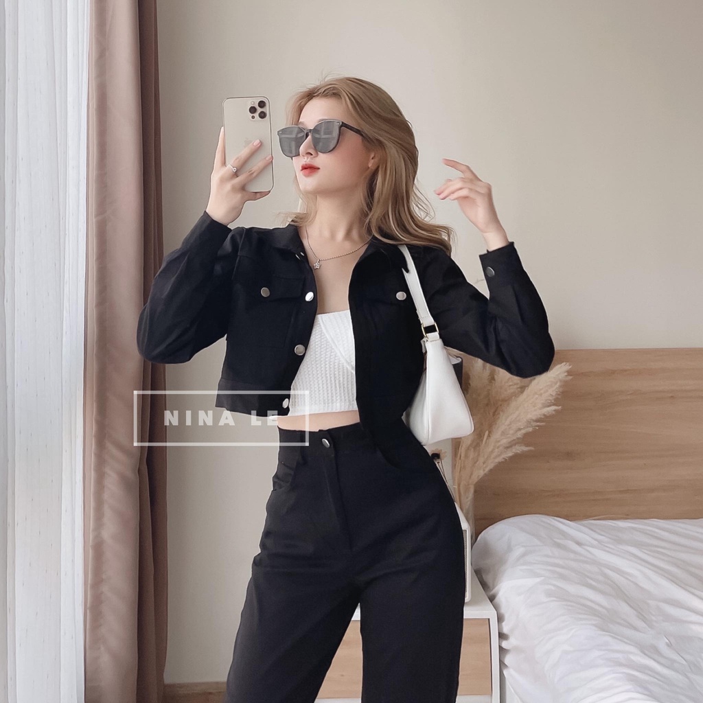 Sét bộ nữ công sở 3 món áo croptop phối áo khoác lửng dài tay kèm quần dài 2 màu sắc .