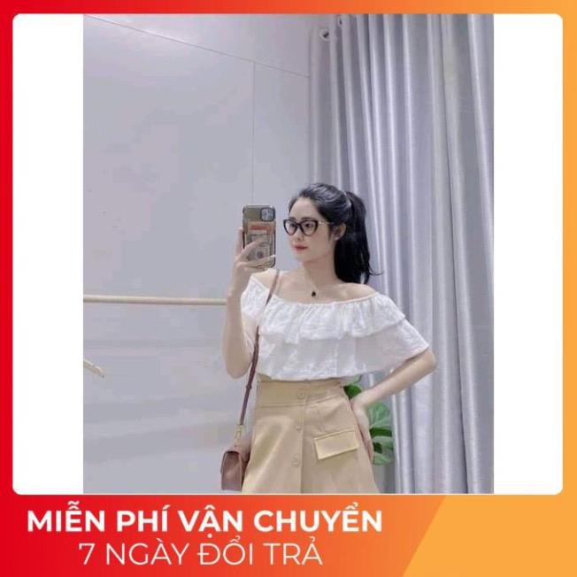 [ 𝐅𝐑𝐄𝐄 𝐒𝐇𝐈𝐏 ] Set Trễ Vai Tay Bồng Mix Chân Váy Cúc Xẻ Chữ A