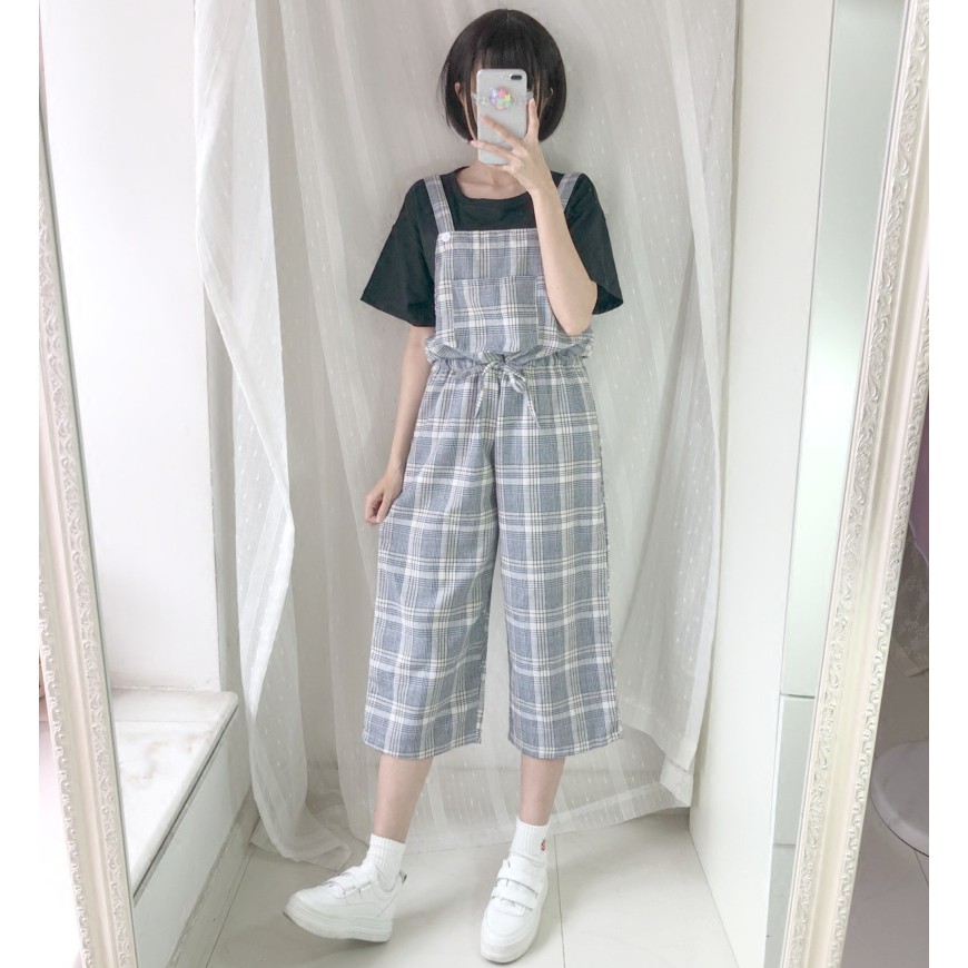 [Order] Quần yếm baggy lửng ULZZANG caro xám cute phong cách LOLITA (ẢNH THẬT CUỐI)