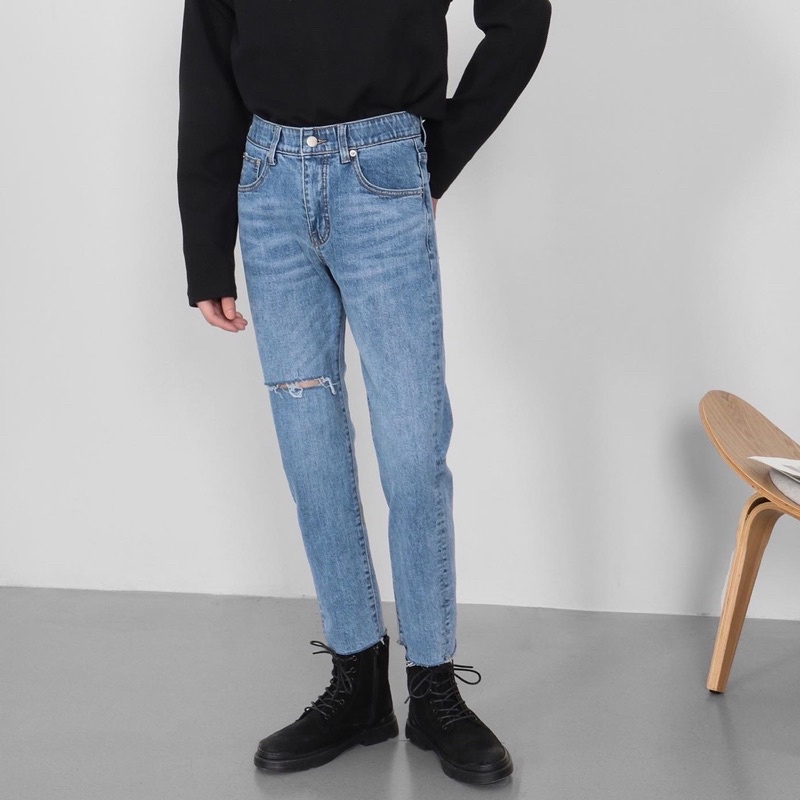 QUẦN JEANS SKINNY CO DÃN RÁCH GỐI 1 BÊN FORM UNISEX NAM NỮ
