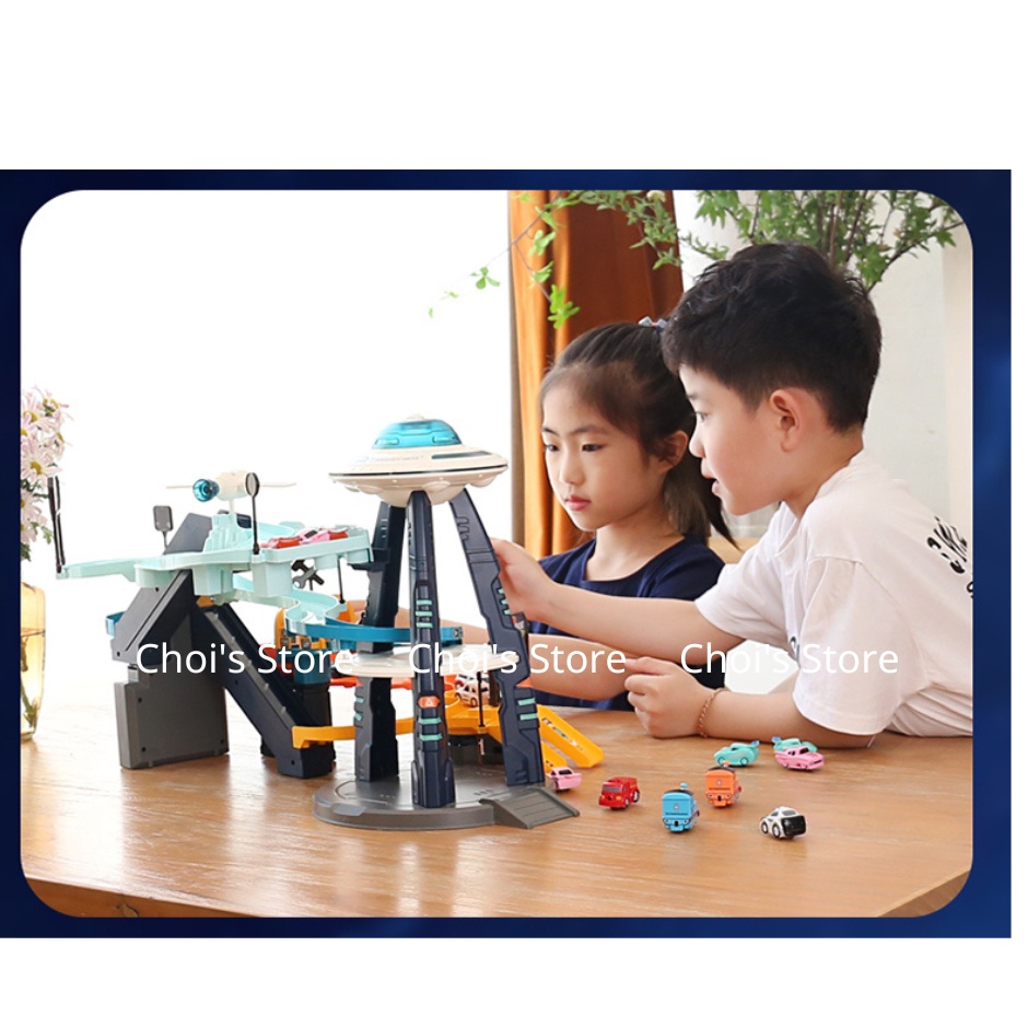 (kèm 4 xe nhỏ) Đường đua ô tô trạm du hành vũ trụ, đồ chơi bãi đậu xe gara ô tô có thang máy tự động