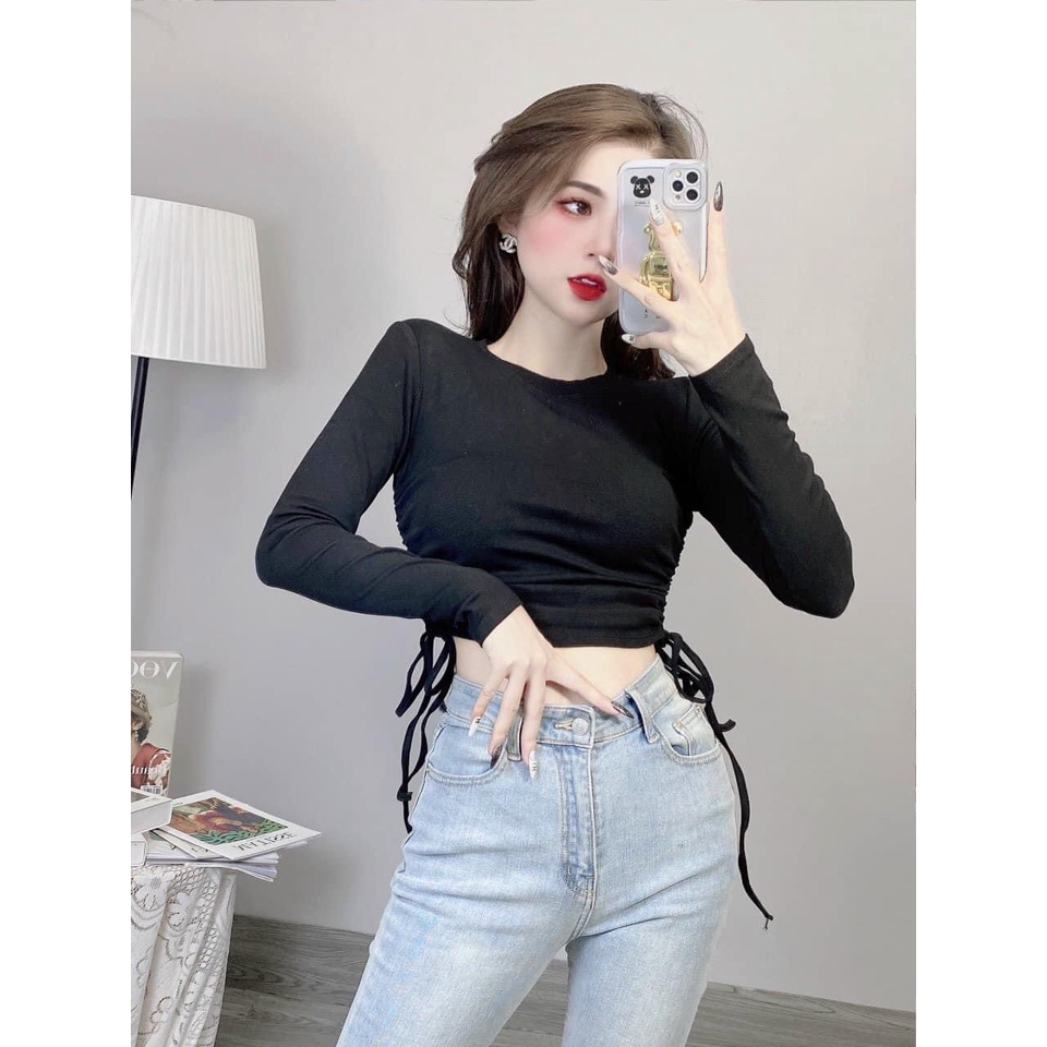 Áo thun cổ tròn rút dây 2 bên tôn dáng