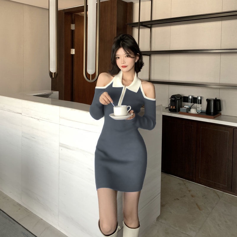 Đầm maxi cổ yếm Ngắn Ôm Dáng Cổ POLO Có Khóa Kéo Phong Cách Hàn Quốc Thời Trang Quyến Rũ Cho đầm polo