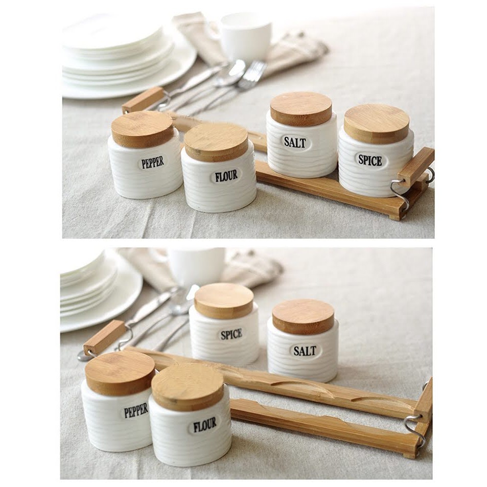Set 4 hũ đựng gia vị bằng gốm kèm khay gỗ
