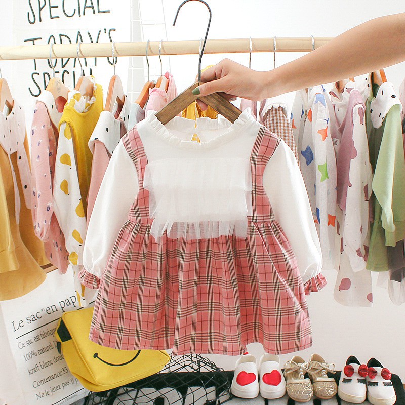 Váy thu đông caro ren ngực bé gái size 6-14kg VT18