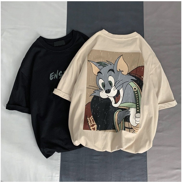 Áo thun tay lỡ unisex form rộng freesize in hình mèo tom hiệp sĩ