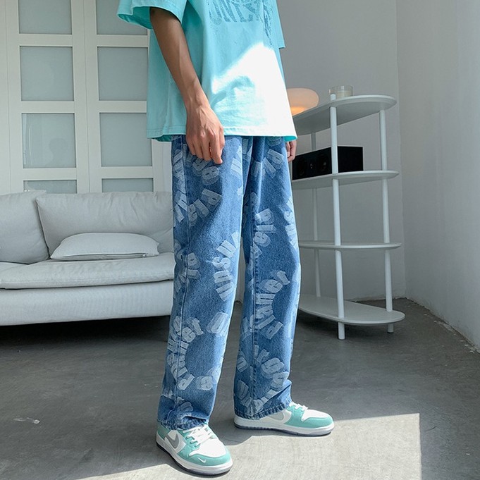 Quần Jean Dài Ống Rộng Phong Cách Hip Hop Đường Phố Mỹ Cá Tính Cho Nam