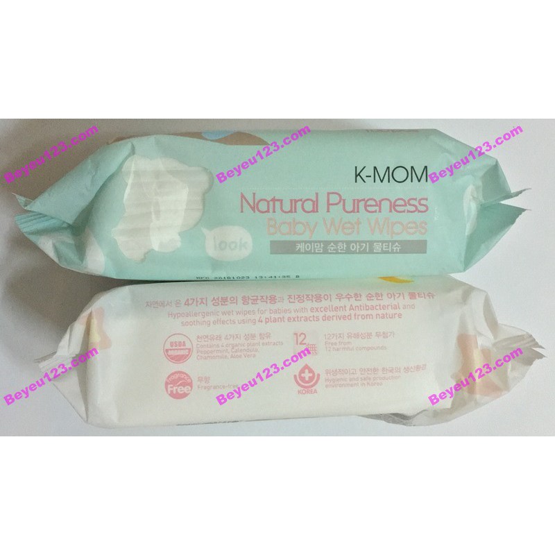 (100 tờ/bịch) Khăn ướt cao cấp không mùi K-MOM an toàn cho bé (Made in Korea)