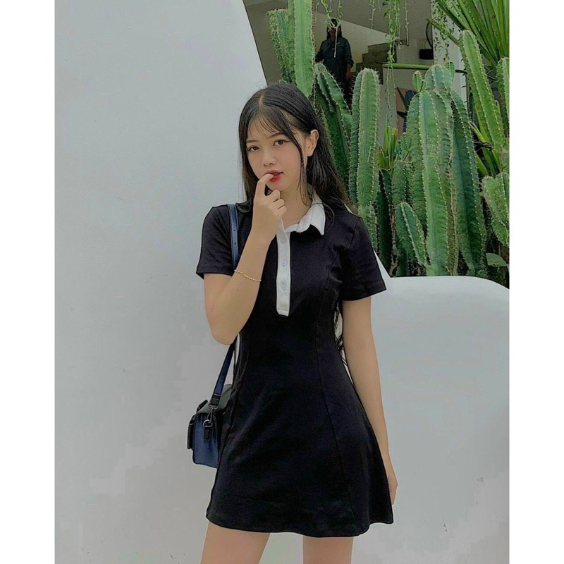 Váy Polo Đen Lé Viền Cổ Trắng BIGOMALL - Đầm Phông Cổ Bẻ Dáng Suông