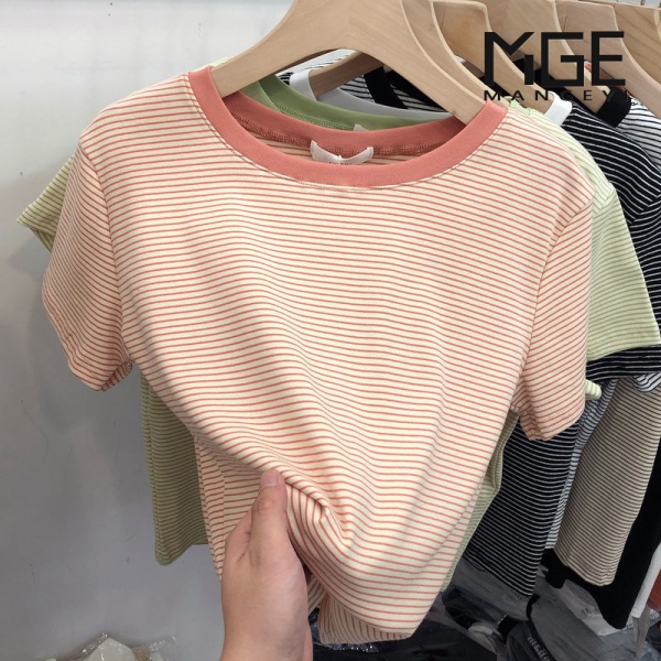Áo Thun Cotton Tay Ngắn Họa Tiết Kẻ Sọc Màu Sắc Phong Cách Hàn Quốc Thời Trang Mùa Hè Cho Nữ 2022