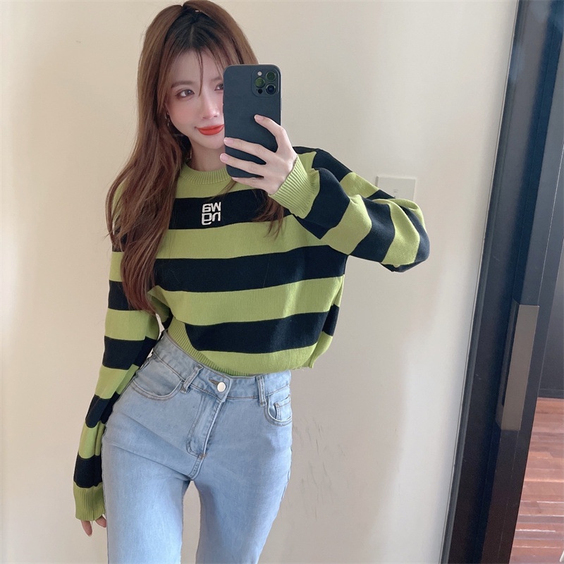 Áo len ZHELIHANGFEI tay dài dáng rộng họa tiết kẻ sọc thời trang cho nữ
