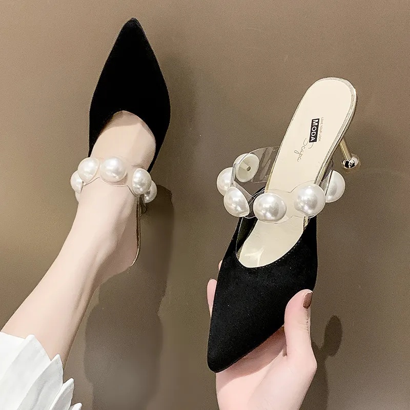 MURIOKI Nữ thời trang giày cao gót mũi nhọn ngọc trai giày cao gót màu đen cổ tích