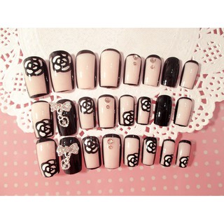 Bộ 24 móng tay giả hoa hồng đen kèm keo + Tặng kèm miếng dán/ dũa móng
