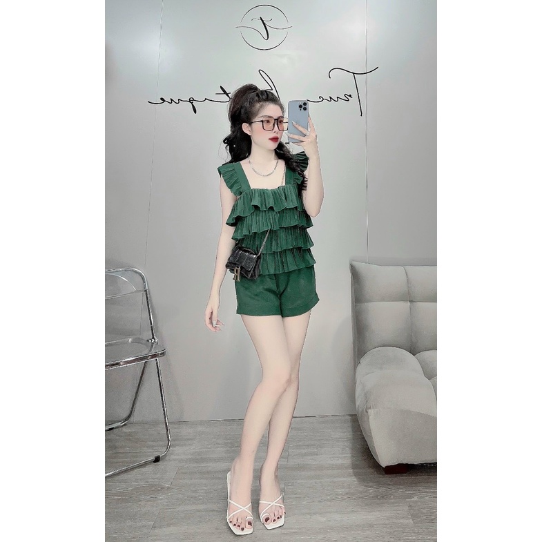 Set xếp ly cánh tiên 3 tầng quần ngắn vải lụa mặc nhà