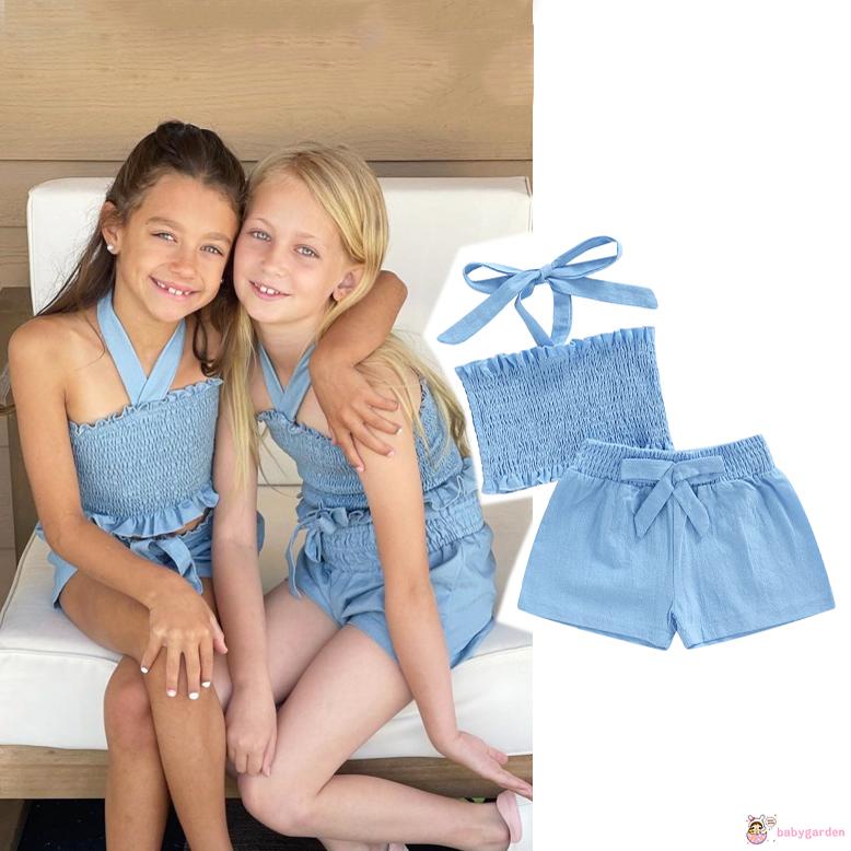 Bộ Áo Hai Dây + Quần Short Màu Trơn Thời Trang Mùa Hè Cho Bé Gái 2-7 Tuổi