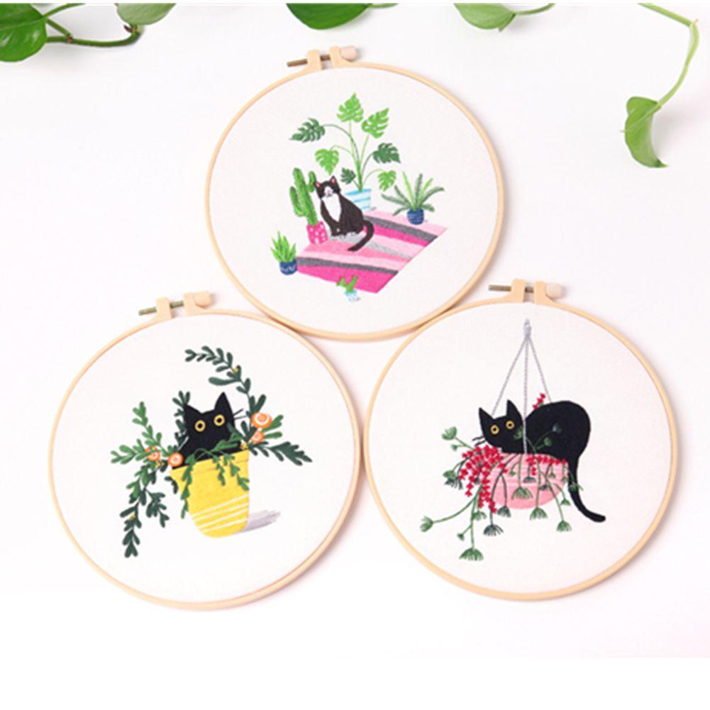 Bộ Kim Thêu Hình Mèo Đen / Hoa Cỏ Thủ Công Dành Cho Người Mới Bắt Đầu