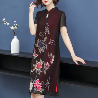 Đầm sườn xám tay ngắn thời trang 2019 thanh lịch cho nữ trung niên