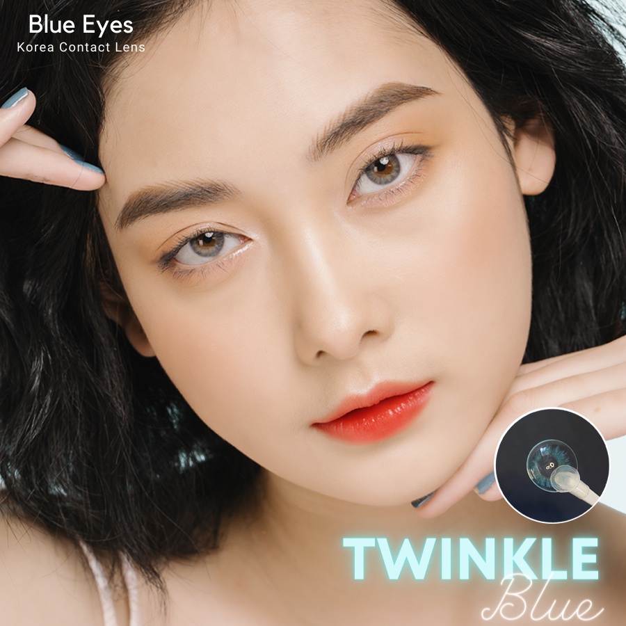 Kính áp tròng Hàn Quốc màu xanh ngọc TWINKLE BLUE , lens giãn tròng nhẹ 14.0mm, tặng kèm nước nhỏ dưỡng cấp  ẩm cho mắt.