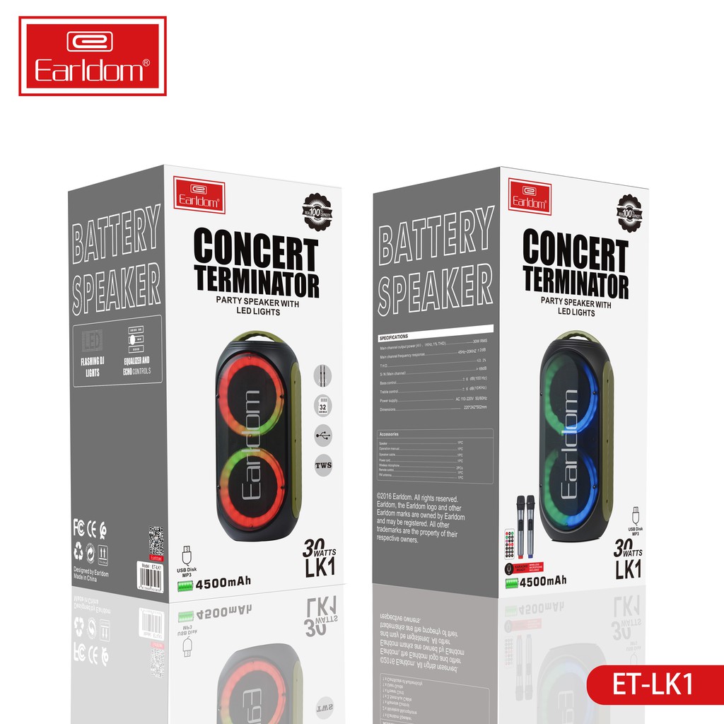 Loa Bluetooth karaoke Earldom LK01 âm thanh sống động tặng kèm 2 mic không dây