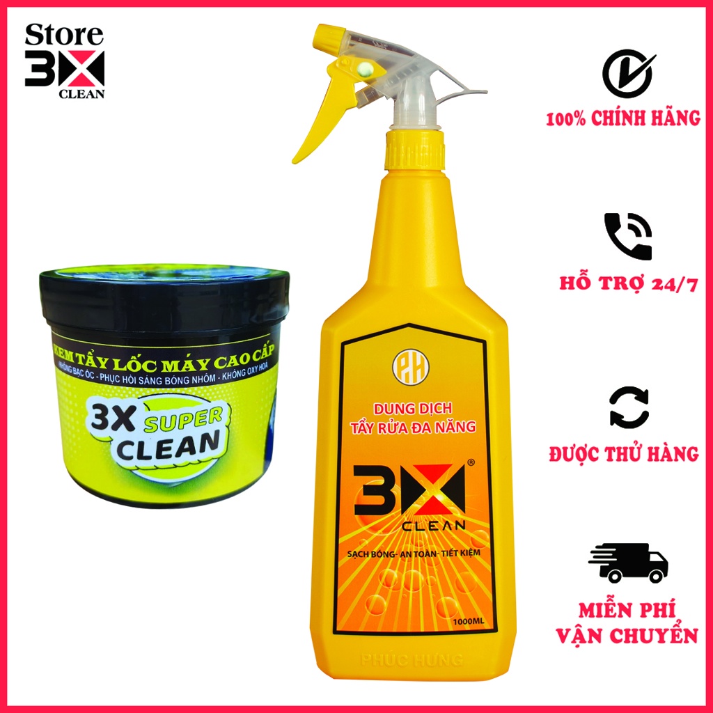TẨY RỈ SÉT LỐC MÁY TẨY DẦU NHỚT SÊN XE 3X SUPER CLEAN COMBO 2 LOẠI RỬA XE HOÀN HẢO