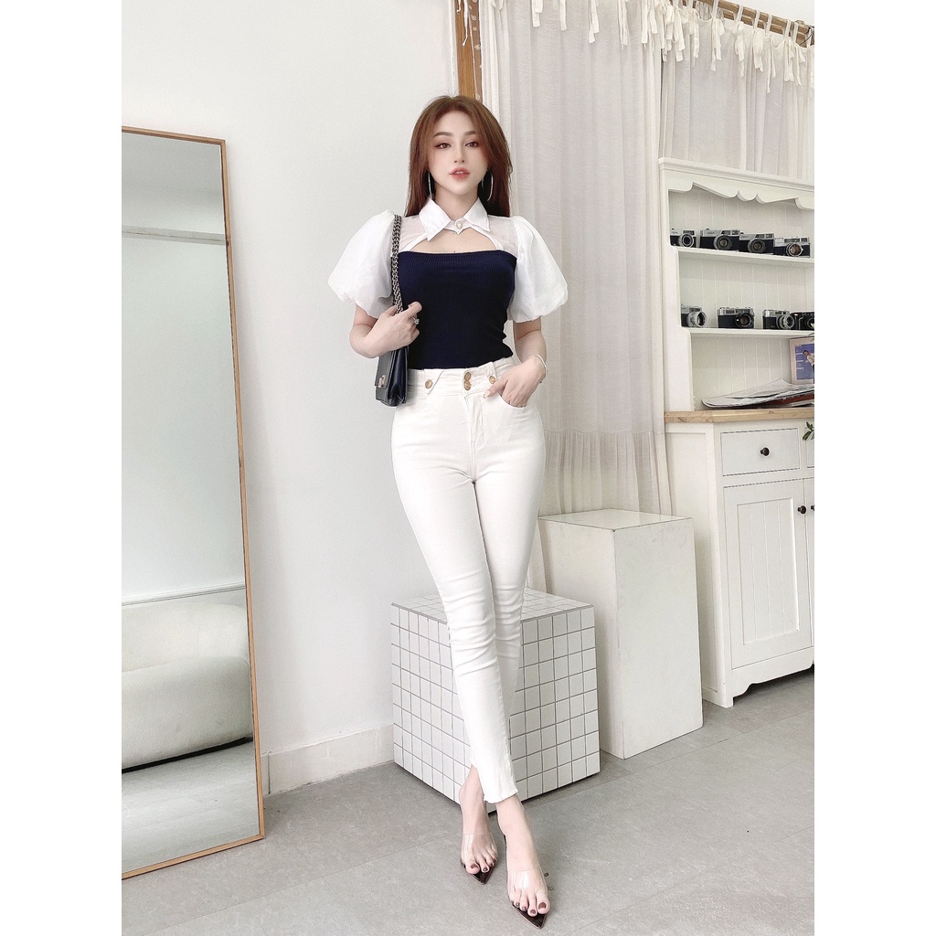 Quần jean trắng nữ CRAZYTEEN ống ôm K0237