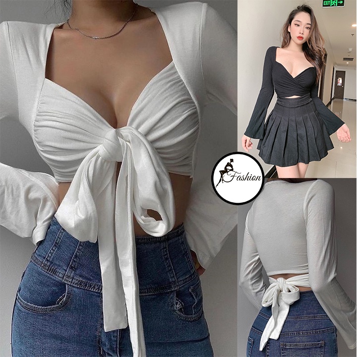 Áo Kiểu Cột Eo Ngực Khoét Sâu Tay Dài Bigsize Dưới 80Kg Chất Thun Lụa Co Giãn 4 Chiều "TL"