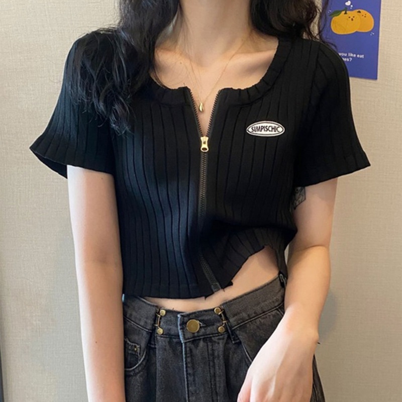 Áo Croptop Ngắn Tay Màu Trơn Phối Khóa Kéo Trước Màu Sắc Trẻ Trung Cho Nữ