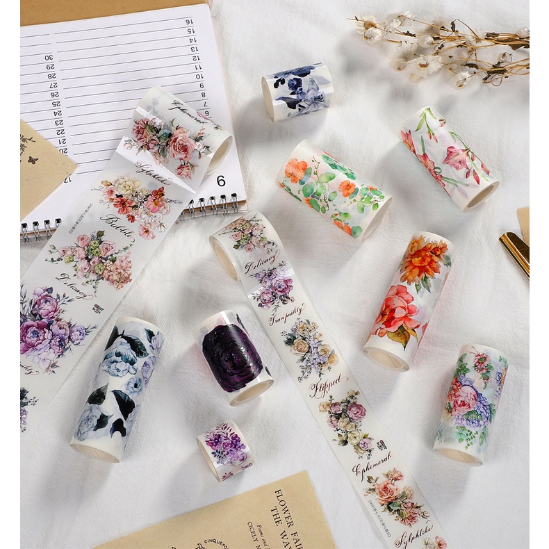 Cuộn Băng Keo Washi 300cm Họa Tiết Hoa / Lá Trang Trí Sổ Tay