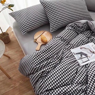 Bộ drap - chăn chần bông 5 món cotton poly caro đen trắng mini