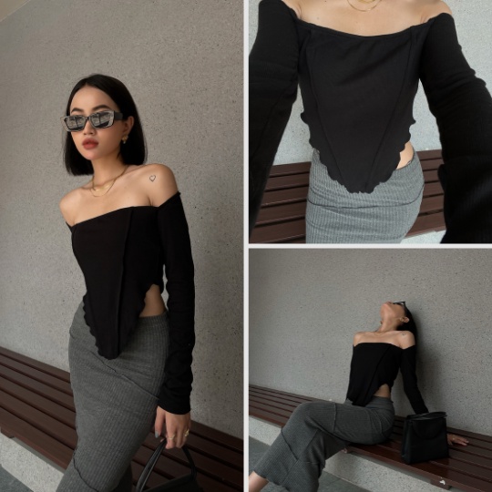 Áo ngắn kiểu tay dài cách điệu Long Sleeve Corset vải co dãn LOVEKIUTEE
