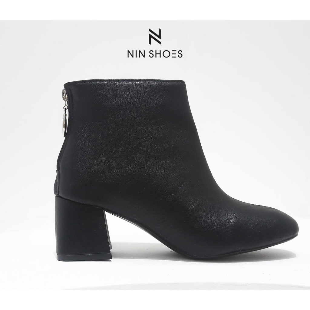 Giày boot da mịn gót vuông kéo khóa 5 phân dáng basic Ninshoes | BigBuy360 - bigbuy360.vn