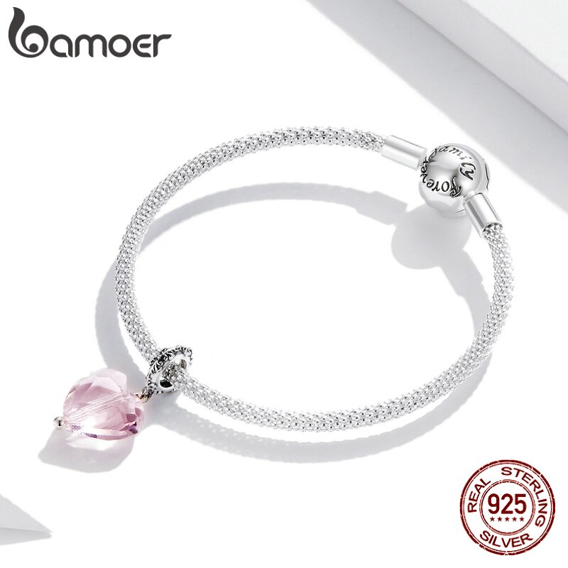 Mặt dây chuyền/vòng tay bamoer SCC1816 bằng bạc 925 hình trái tim đá hồng và xanh lam thời trang DIY