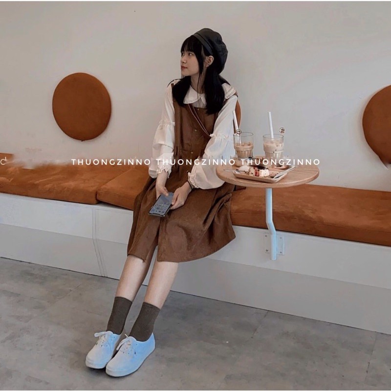 [Ảnh thật/Video] Set yếm nhung vintage dáng babydoll kèm áo cổ sen tiểu thư Set yếm vintage phong cách Hàn Quốc