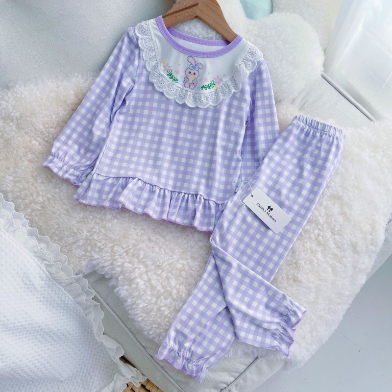 Bộ Đồ Ngủ Tay Dài Cổ Tròn Phối Ren Họa Tiết Hoạt Hình Dễ Thương Cho Bé Gái