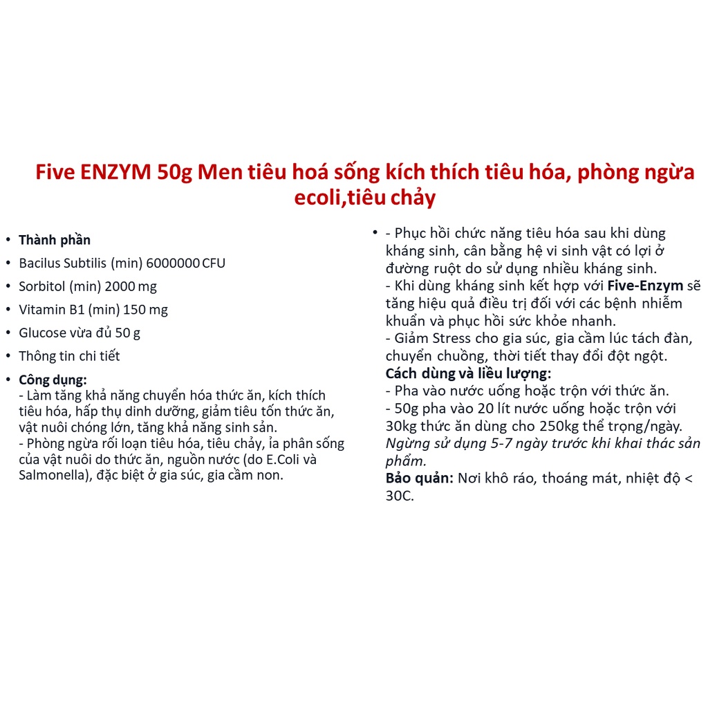 Five E N Z Y M 50g Men tiêu hoá sống kích thích tiêu hóa, phòng ngừa ecoli, tiêu chảy trên gia súc, gia cầm