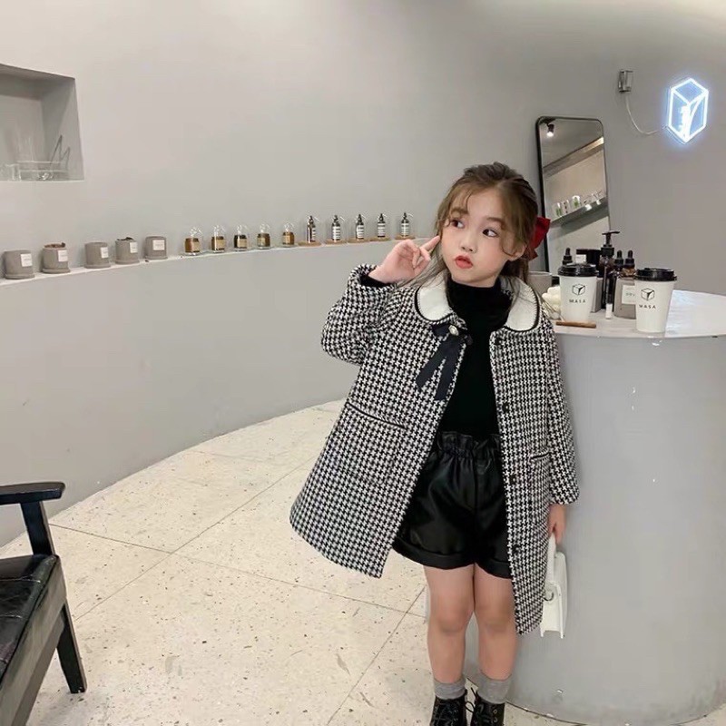 Áo dạ zikzac bé kiểu dáng váy kèm nơ