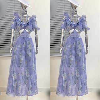 Sẵn_ Váy ASHYLEY maxi hoa trễ vai xếp ly cùng cut eo phối bèo ngực siêu xinh