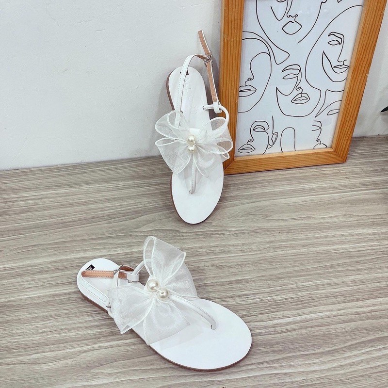 Giày Sandal Bệt Nữ kẹp quai T Đính Nơ Ngọc Hottrend HALEY STORE