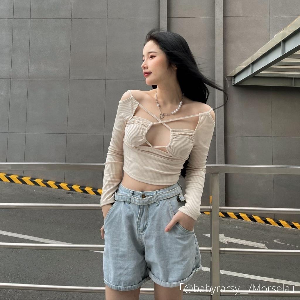 MORSELA® chính hãng - Áo croptop nữ tay dài 𝗠𝗢𝗥𝗚𝗔𝗡𝗔 ôm khoét vai phong cách sexy