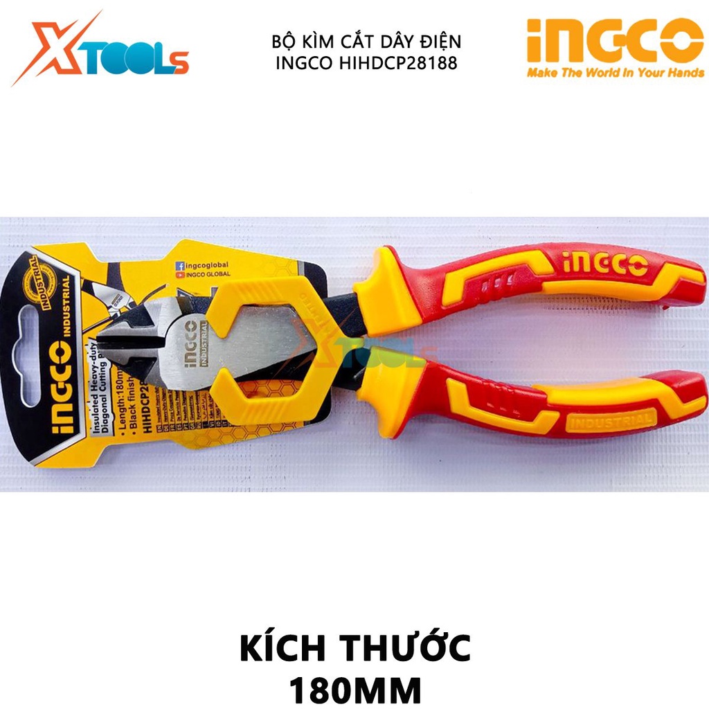 Kìm cắt cách điện cao cấp INGCO HIHDCP28188 | kềm cách điện Kích thước 7&quot;/180mm Tay cầm cách điện lên đến 1000V cắt, kẹp