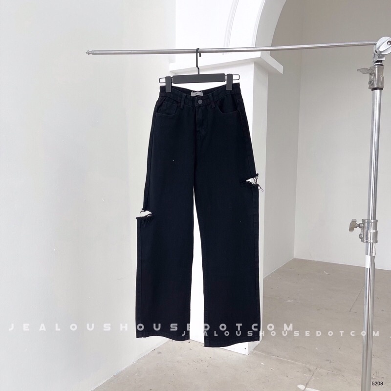 Quần bò nữ, quần dài denim đen rách 2 bên đùi 5208